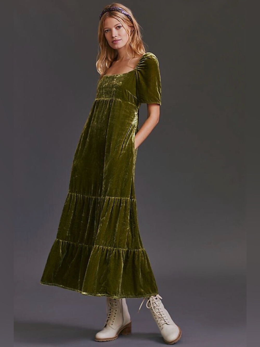 Anthropologie Olive Green Empire Waist Velvet Tiered Maxi Dress 10